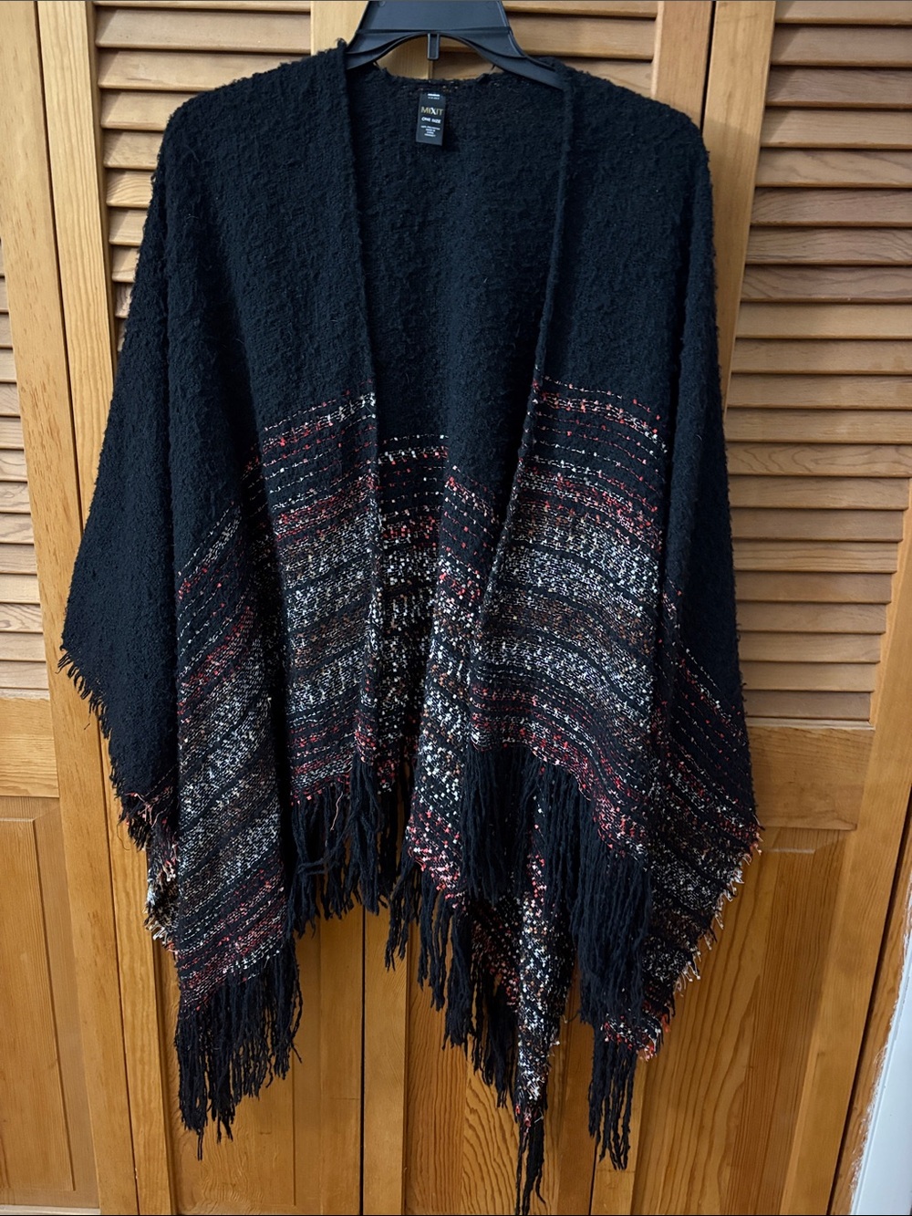 Xhilaration Black Fringe Knit Wrap with Subtle Red and White Threading